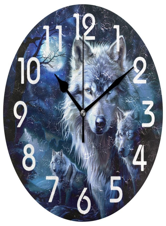 ZzWwR Pretty Magic Night Forest Tree Three Wolves Round Wall Clock, 10 Inch Analog Quiet Non Ticking Desk Clock for Home Kitchen/Living Room/Bedroom/Bathroom/Office - Image 1
